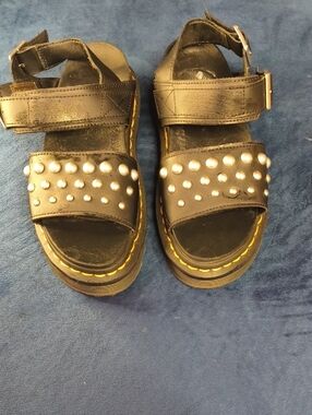 Dr. Martens Black Studded Platform Sandals with Yellow Stitching